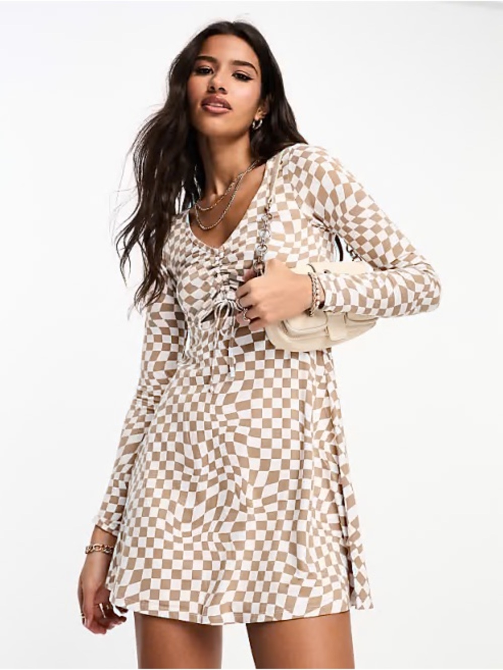 Hollister Beige Checkered Long-Sleeve Tie-Front Mini Dress - Size L